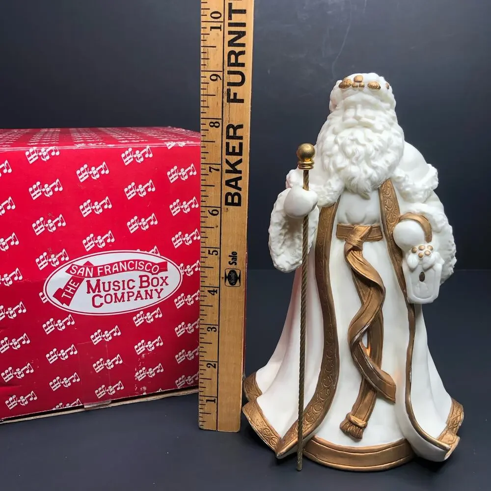 San Francisco Music Box Co Vintage Rare Porcelain Music Box White and Gold Santa